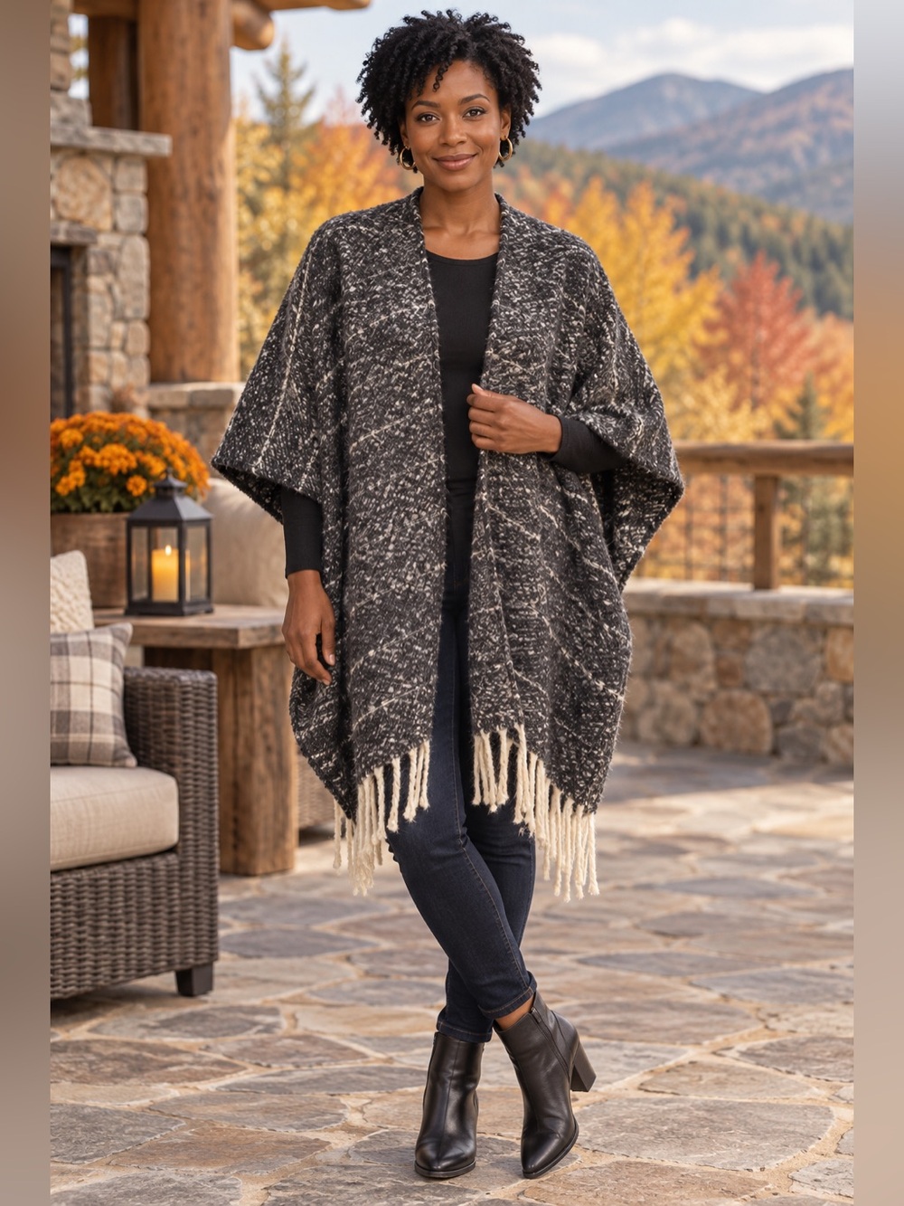 Woolrich One Size Charcoal Fringe Open Front Poncho Cape